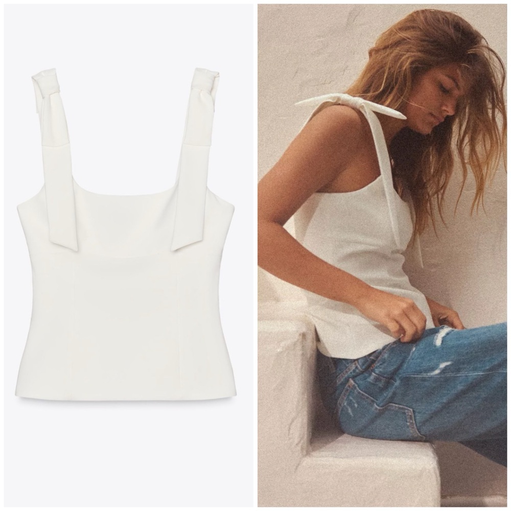 NWT! Zara Elegant White Stretch Top with Bow Strap MEDIUM